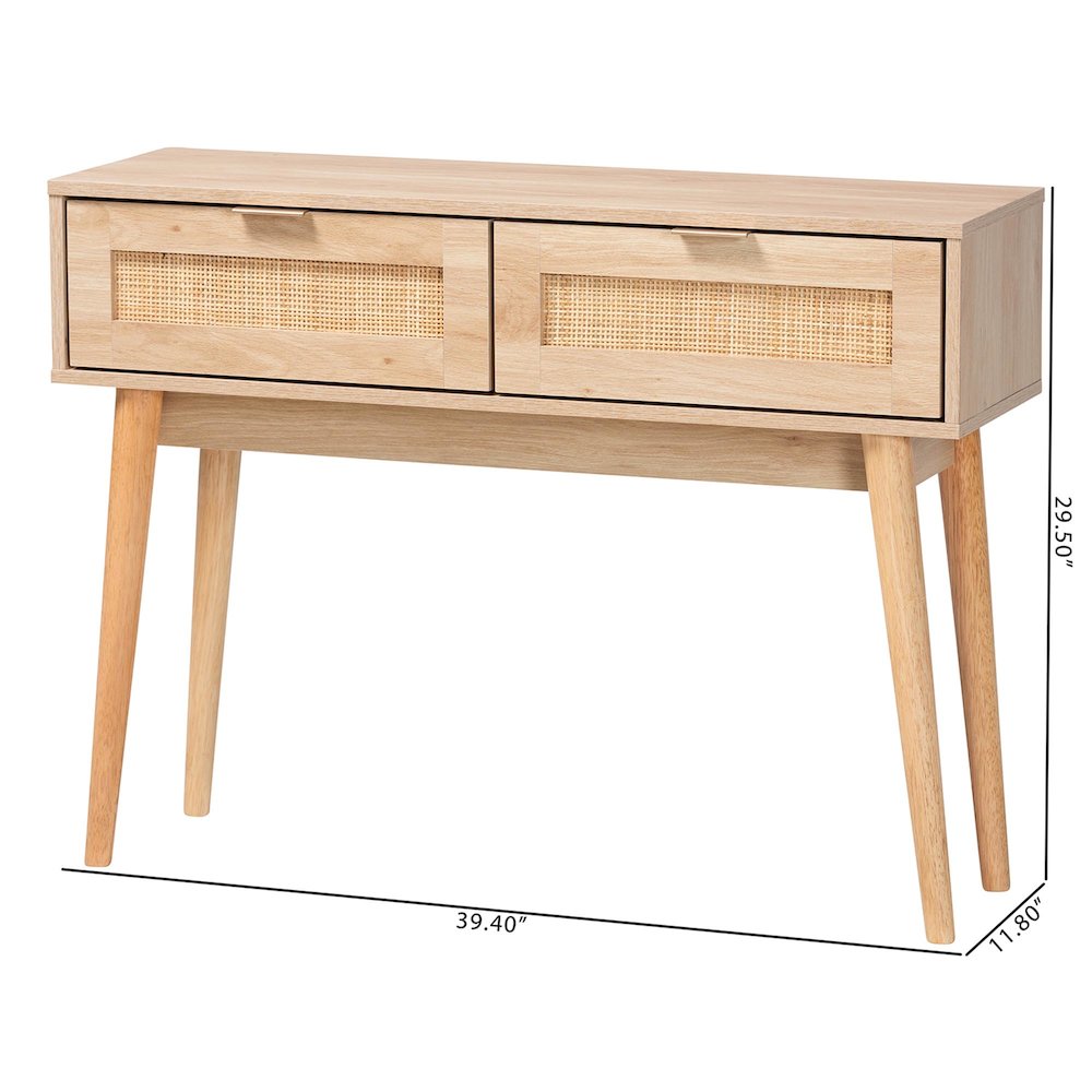 Light Oak Brown Finished Wood and Rattan 2-Drawer Console Table