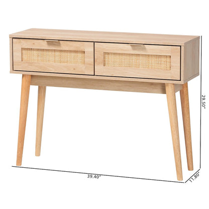 Light Oak Brown Finished Wood and Rattan 2-Drawer Console Table