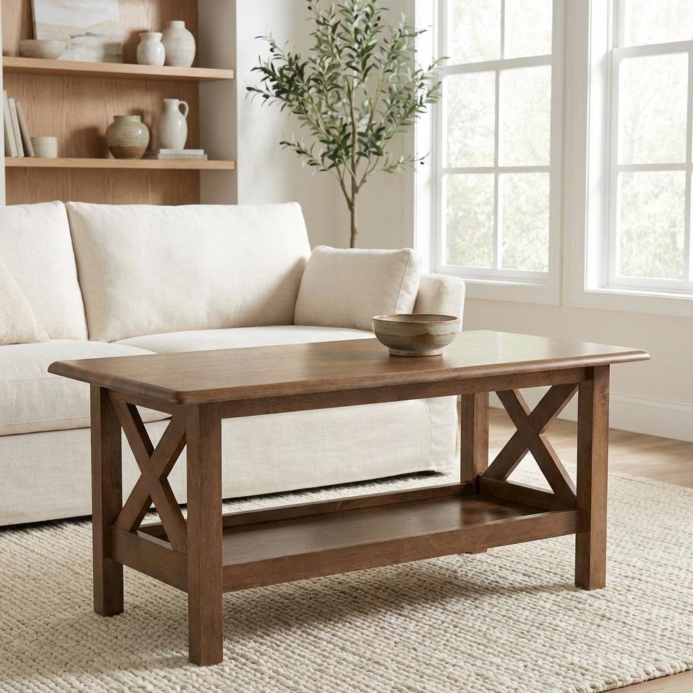 Walnut Brown Rectangular Coffee Table with Rubberwood Frame, Transitional Design