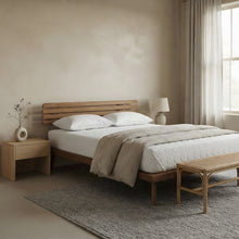Rubber Wood Queen Platform Bed Frame with Japandi-Style Design, Rustic brown