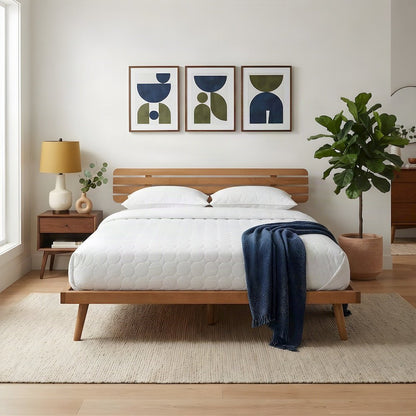 Rubber Wood Queen Platform Bed Frame with Japandi-Style Design, Rustic brown