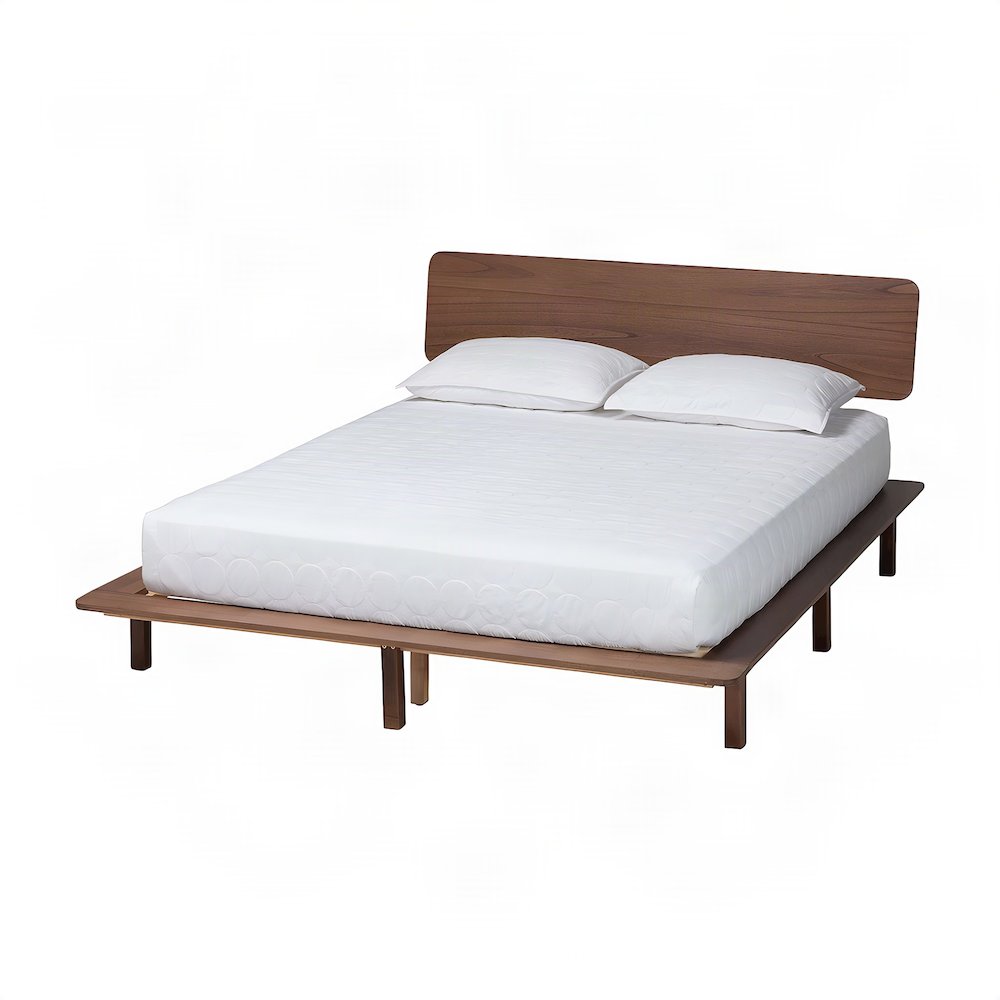 Japandi Solid Rubberwood King Platform Bed with Slatted Headboard, Walnut Brown