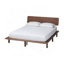 Japandi Solid Rubberwood King Platform Bed with Slatted Headboard, Walnut Brown