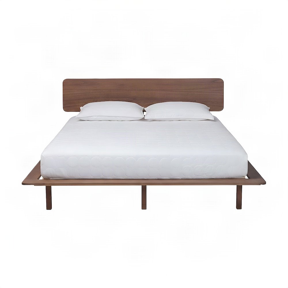 Japandi Solid Rubberwood King Platform Bed with Slatted Headboard, Walnut Brown