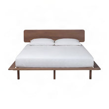 Japandi Solid Rubberwood King Platform Bed with Slatted Headboard, Walnut Brown
