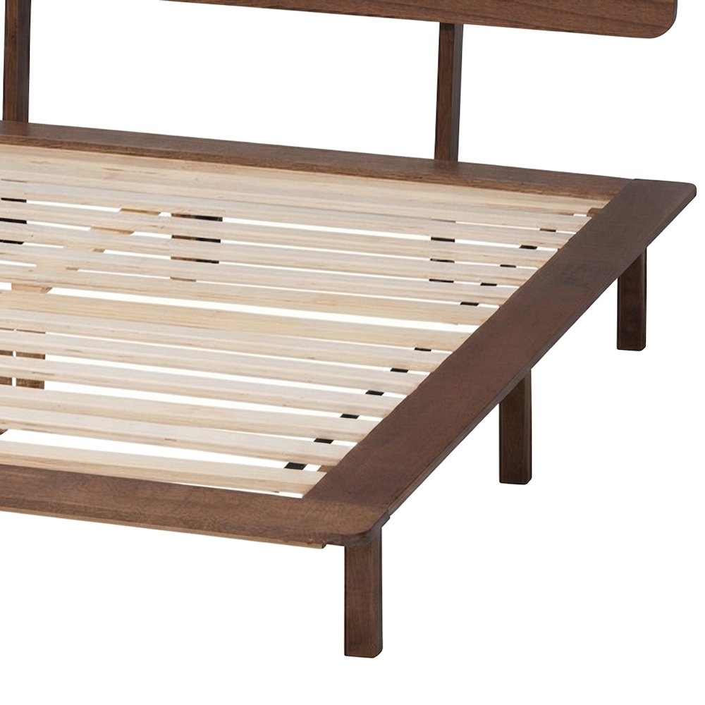 Japandi Solid Rubberwood King Platform Bed with Slatted Headboard, Walnut Brown