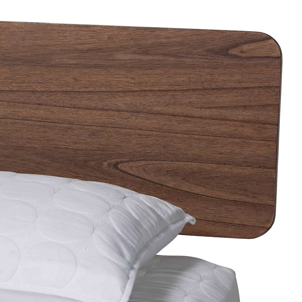 Japandi Solid Rubberwood King Platform Bed with Slatted Headboard, Walnut Brown