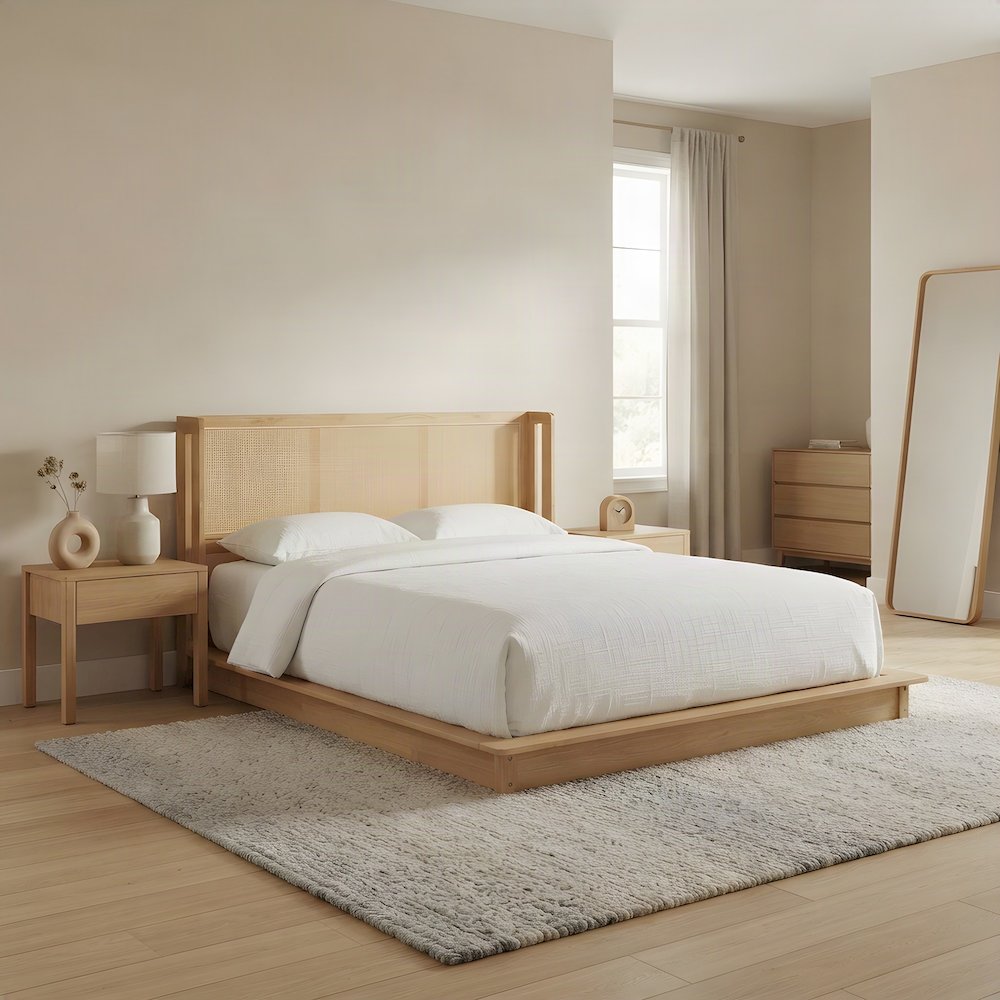 Queen Bed Frame with Woven Rattan Headboard, Solid Rubberwood, Natural Brown