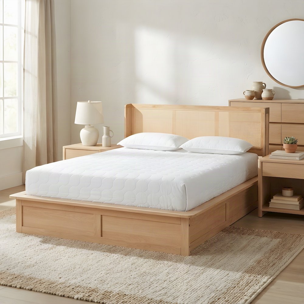 Queen Bed Frame with Woven Rattan Headboard, Solid Rubberwood, Natural Brown