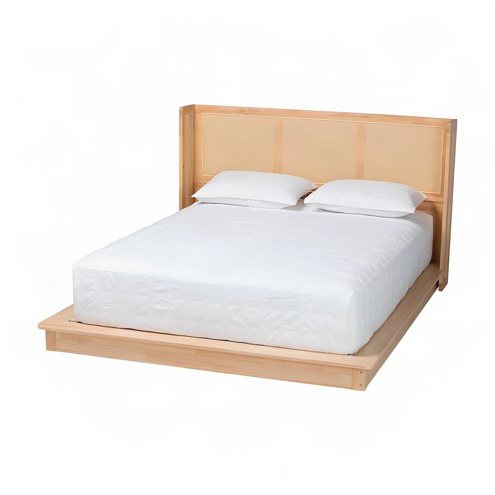 Queen Bed Frame with Woven Rattan Headboard, Solid Rubberwood, Natural Brown