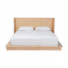 Queen Bed Frame with Woven Rattan Headboard, Solid Rubberwood, Natural Brown