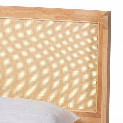 Queen Bed Frame with Woven Rattan Headboard, Solid Rubberwood, Natural Brown