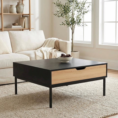 Two-Tone Oak Brown and Black Coffee Table with Metal Legs and Modern Design