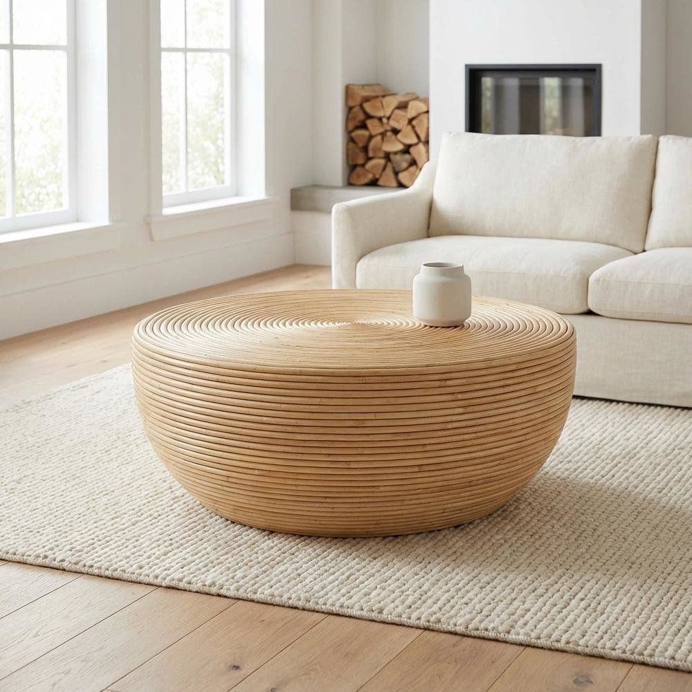 Warm Brown Rattan Coffee Table with Shelf and Coastal Design Style