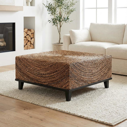 Authentic Seagrass Coffee Table with Acacia Wood Frame Espresso Brown Finish