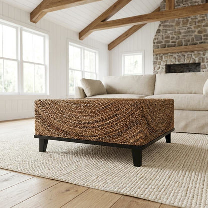 Authentic Seagrass Coffee Table with Acacia Wood Frame Espresso Brown Finish