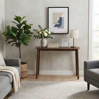 Solid Rubberwood Mid-Century Modern Wood Console Entryway Table, Walnut
