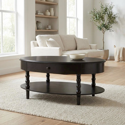 Black Wood 1-Drawer Coffee Table with Spindle Legs and Open Shelf