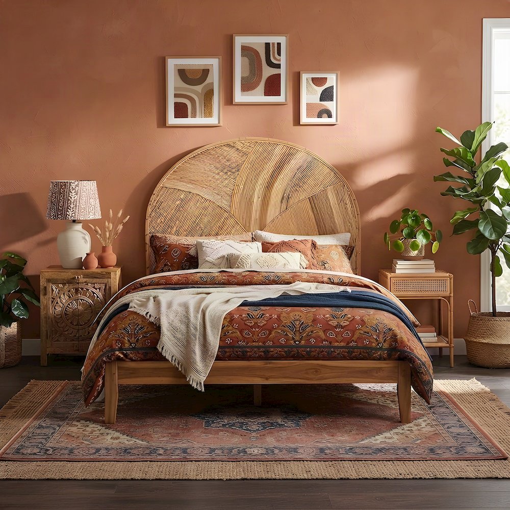 Bohemian Rattan King Headboard Only, Freestanding Wicker Style, Honey