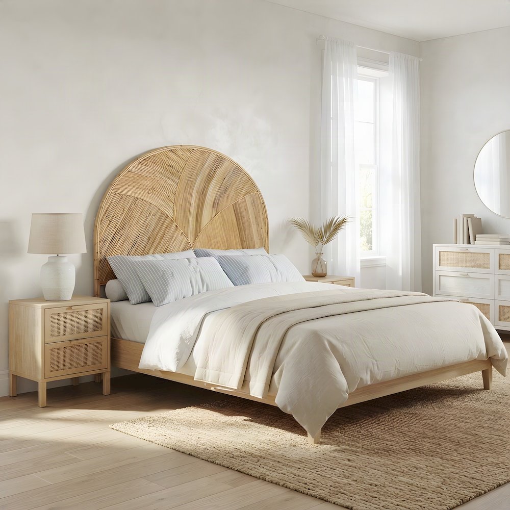 Bohemian Rattan King Headboard Only, Freestanding Wicker Style, Honey