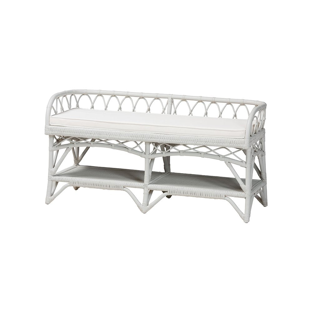 bali & pari Leryn Natural Rattan Bench with Shelf, White