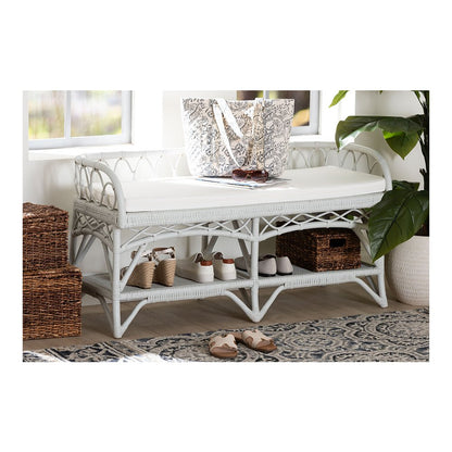 bali & pari Leryn Natural Rattan Bench with Shelf, White