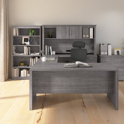 66W U-Shaped Desk with Hutch, Lateral File Cabinet, and Bookcase