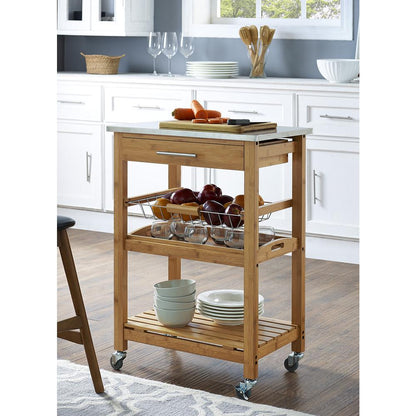 Aya Bamboo Kitchen Cart with Stainless Steel Top