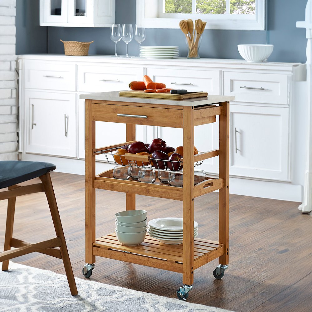 Aya Bamboo Kitchen Cart with Faux Marble Top