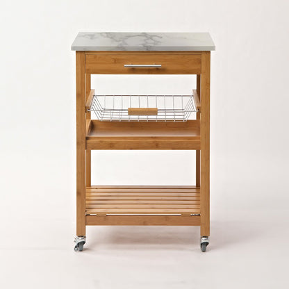 Aya Bamboo Kitchen Cart with Faux Marble Top