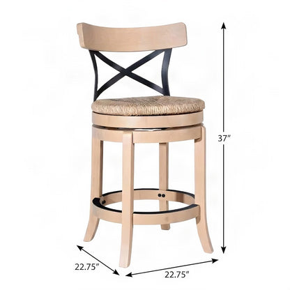 FurniFact Swivel Counter Stool with Rubberwood and Sedge Seat, Blonde Oak