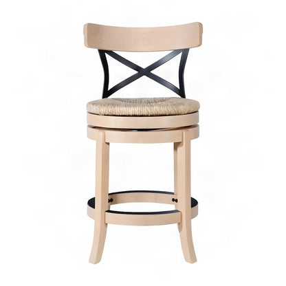 FurniFact Swivel Counter Stool with Rubberwood and Sedge Seat, Blonde Oak