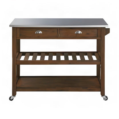 FurniFact Kitchen Cart with Stainless Steel Top, Chestnut Wire-Brush
