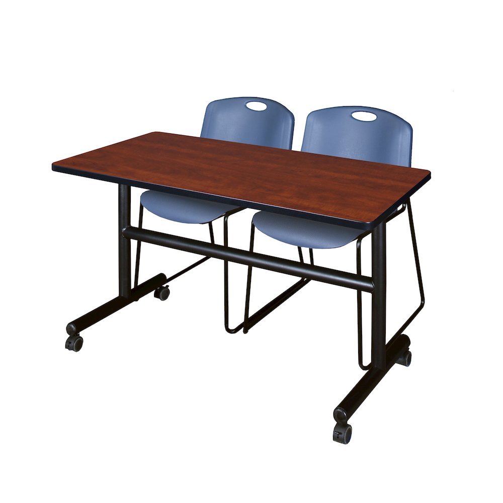 48 x 30 in. Flip-Top Training Nesting Table- Cherry, 2 Zeng Stack Chairs- Blue