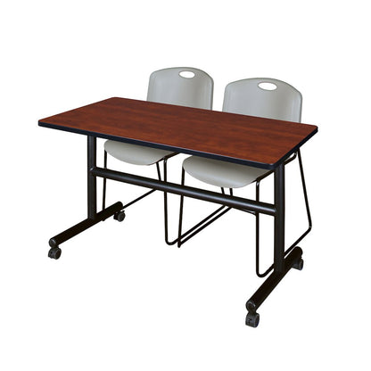 48 x 30 in. Flip-Top Training Nesting Table- Cherry, 2 Zeng Stack Chairs- Grey