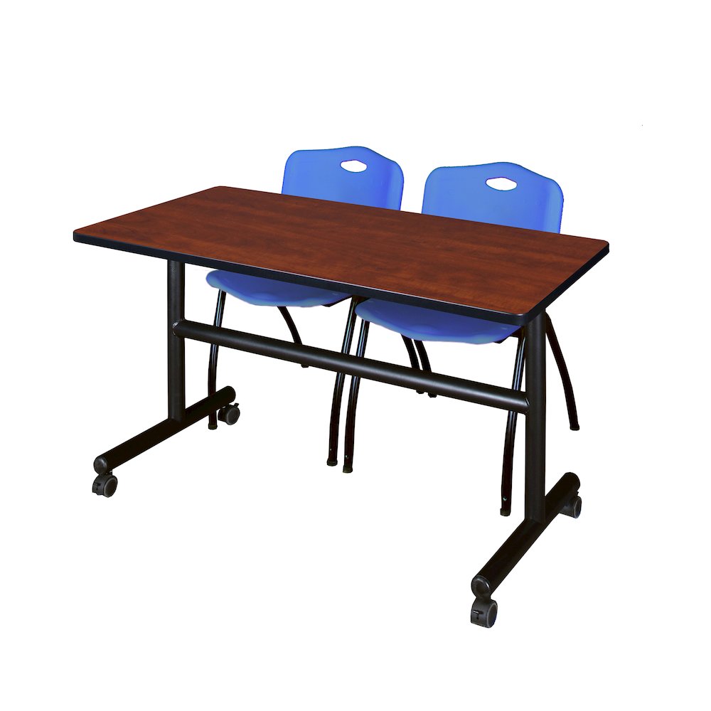 48 x 30 in. Flip-Top Training Nesting Table- Cherry, 2 M Stack Chairs- Blue