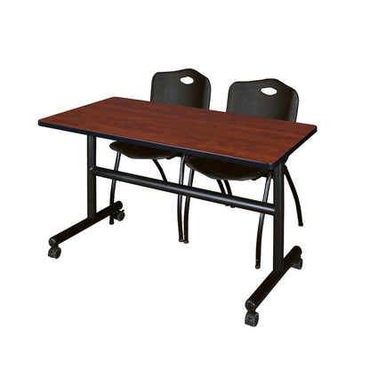 48 x 30 in. Flip-Top Training Nesting Table- Cherry, 2 M Stack Chairs- Black