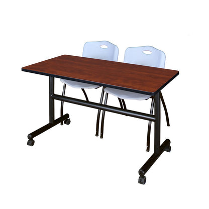 48 x 30 in. Flip-Top Training Nesting Table- Cherry, 2 M Stack Chairs- Grey