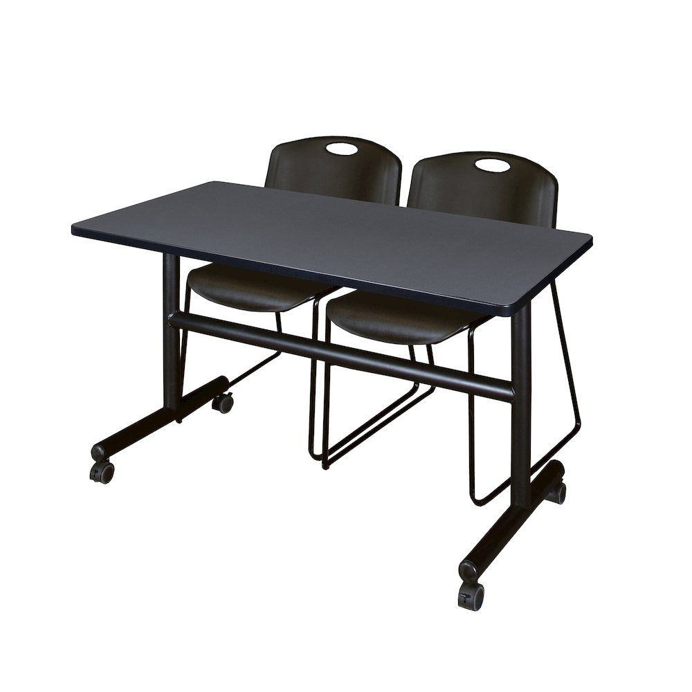 48 x 30 in. Flip-Top Training Nesting Table- Grey, 2 Zeng Stack Chairs- Black