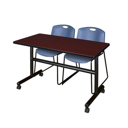48 x 30 in. Flip-Top Training Nesting Table- Mahogany, 2 Zeng Stack Chairs- Blue