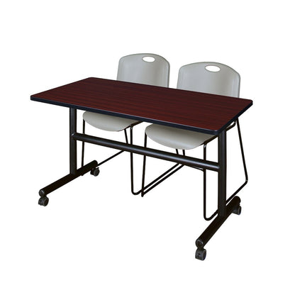 48 x 30 in. Flip-Top Training Nesting Table- Mahogany, 2 Zeng Stack Chairs- Grey