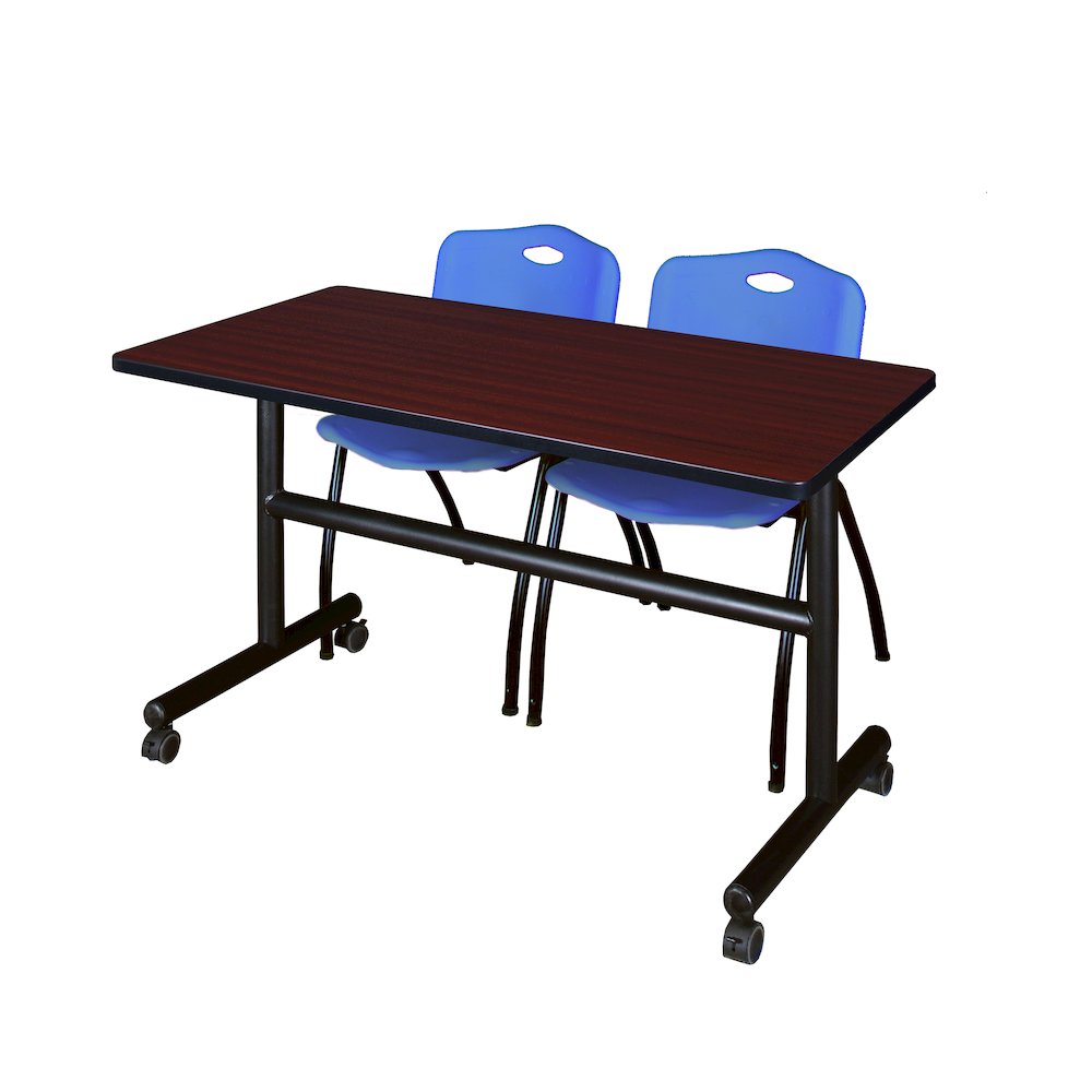 48 x 30 in. Flip-Top Training Nesting Table- Mahogany, 2 M Stack Chairs- Blue