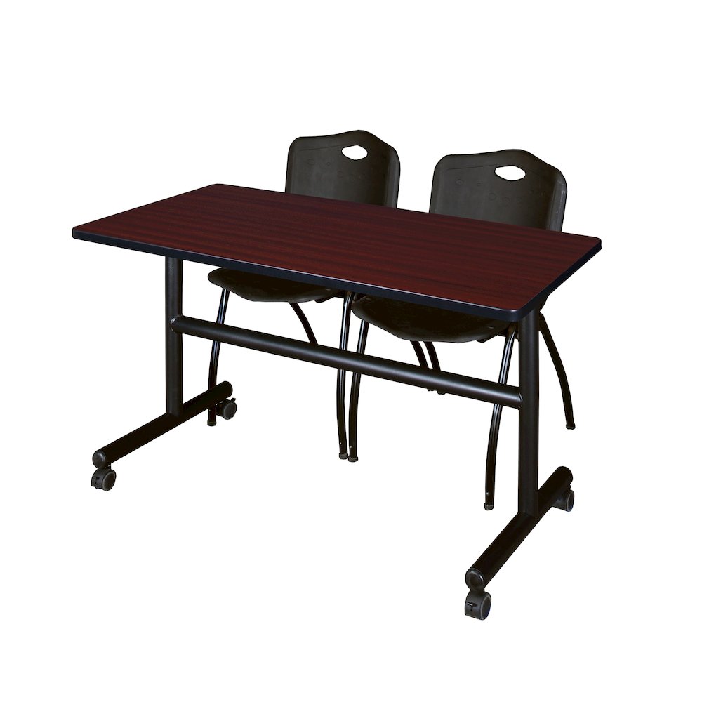 48 x 30 in. Flip-Top Training Nesting Table- Mahogany, 2 M Stack Chairs- Black