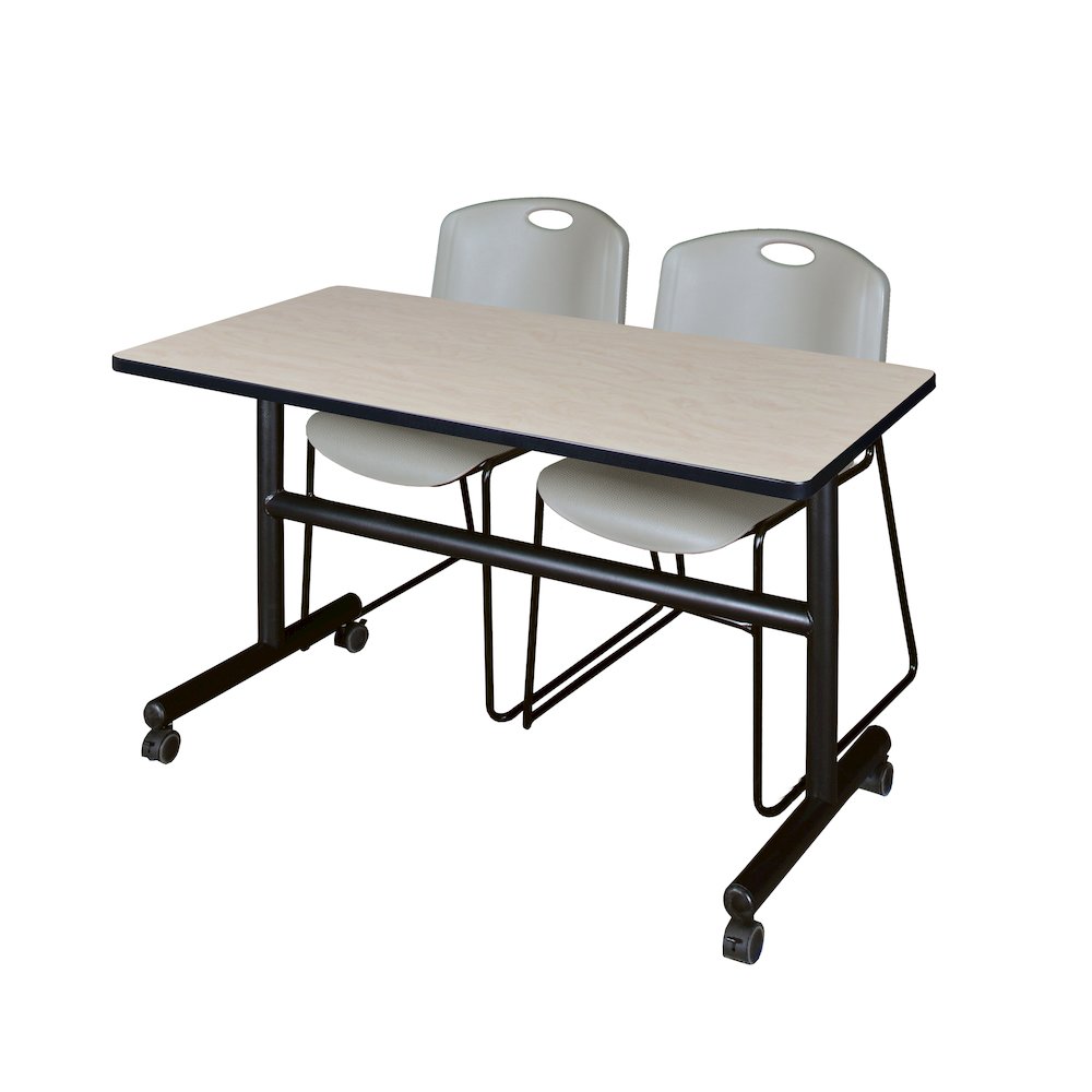 48 x 30 in. Flip-Top Training Nesting Table- Maple, 2 Zeng Stack Chairs- Grey