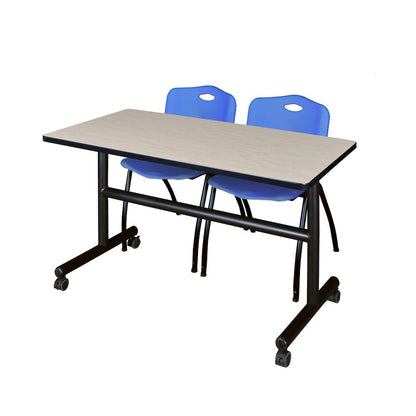 48 x 30 in. Flip-Top Training Nesting Table- Maple, 2 M Stack Chairs- Blue