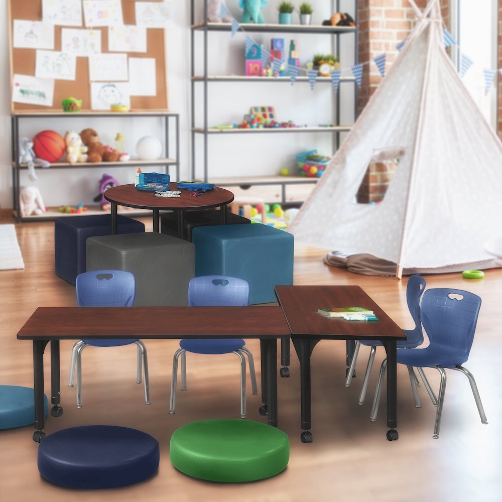 66x30 Mobile Adjustable Classroom Table- Cherry & 2 Andy 12 Stack Chairs- Blue