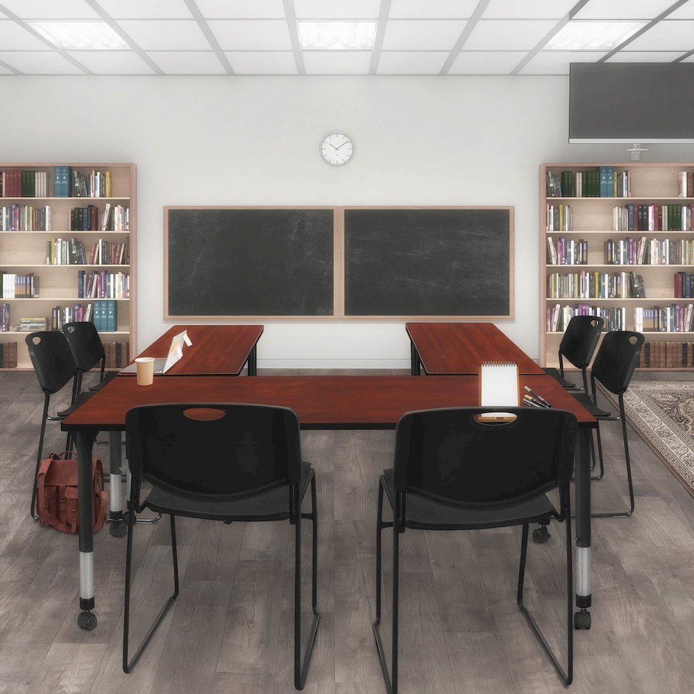 60x24 in. Mobile Adjustable Classroom Table- Cherry & 2 Zeng Stack Chairs- Black