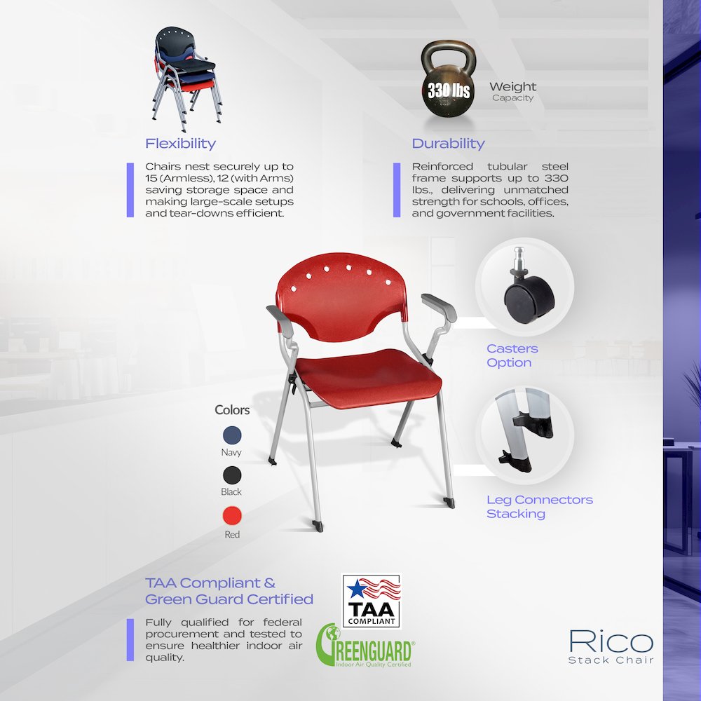 Rico Classroom Training Stack Chair with Arms - Navy Blue - 11 Pack