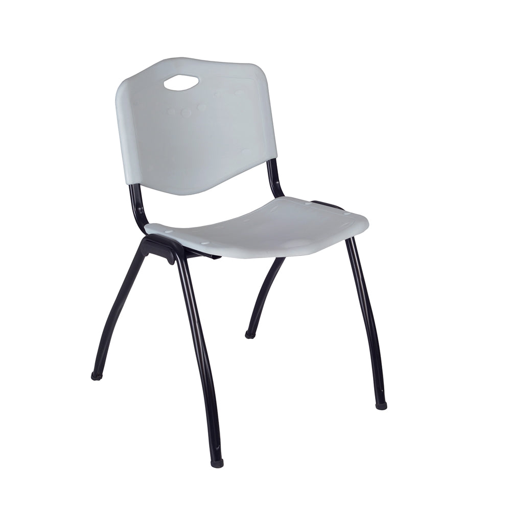 Cain 48" Round Breakroom Table- Grey & 4 'M' Stack Chairs- Grey