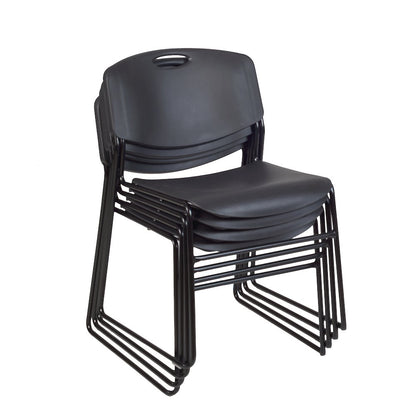 30 in Square Breakroom Table- Grey Top, Chrome Legs, 4 Zeng Stack Chairs- Black